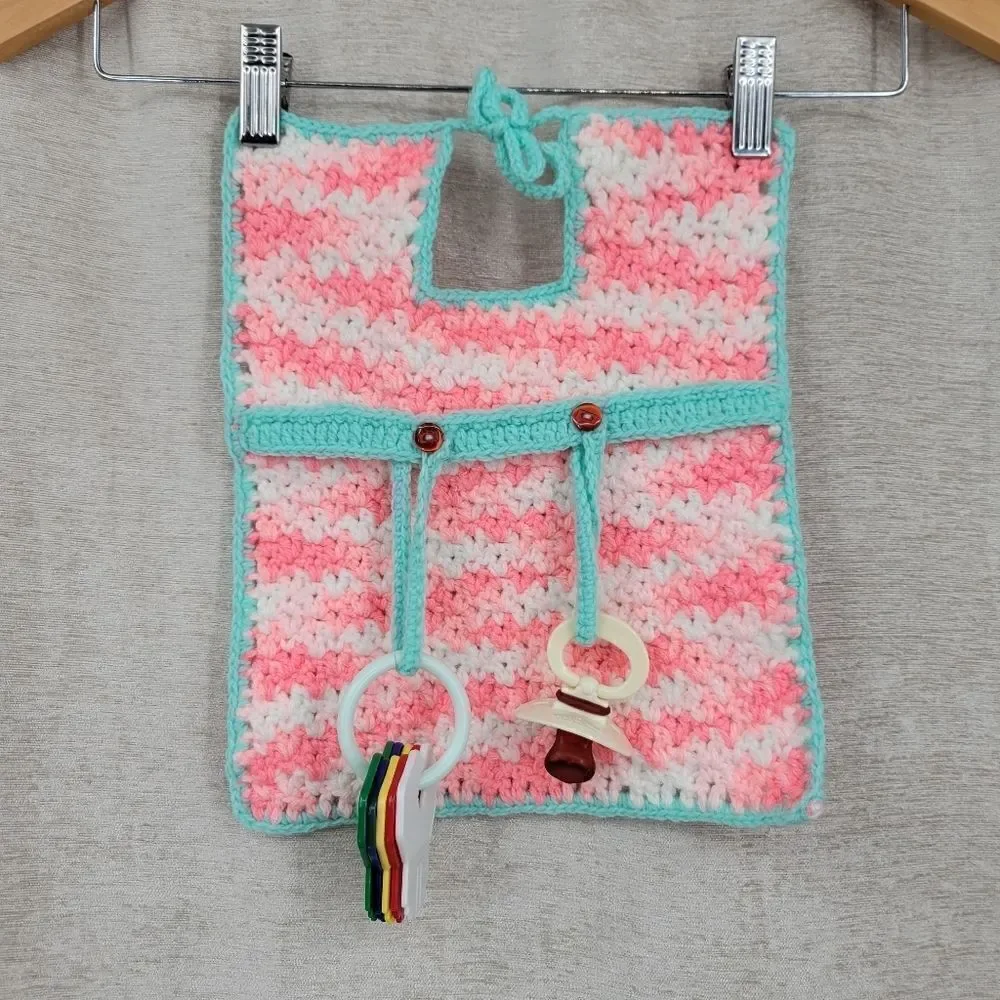 Playtime Bib Hand Crochet Pink & Mint With Toy Attachments Vintage 80s